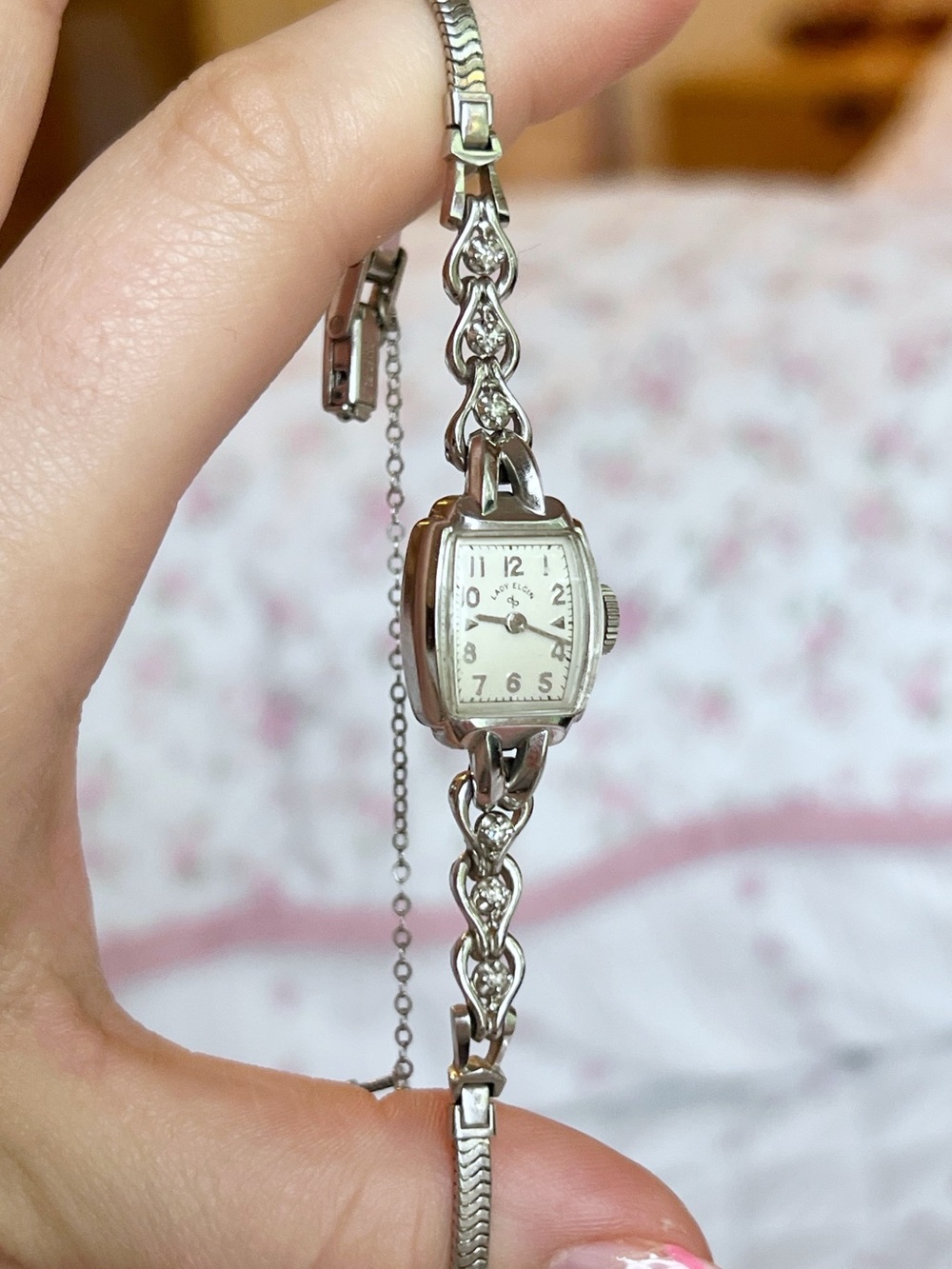 1950 Lady Elgin 14K White Gold Diamond Vintage Cocktail Wristwatch